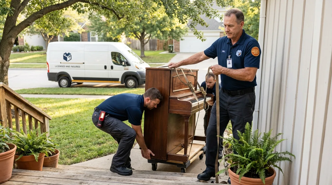 Licensed piano movers securing grand piano in Moweaqua, IL