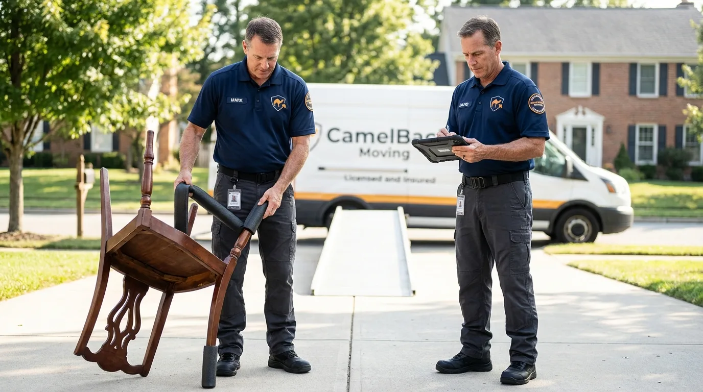 Movers inspecting furniture for damage prevention before loading in Moweaqua, IL